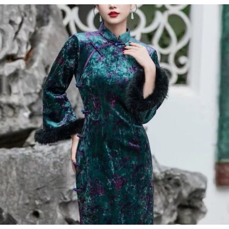 470中式复古优雅花色气质旗袍裙