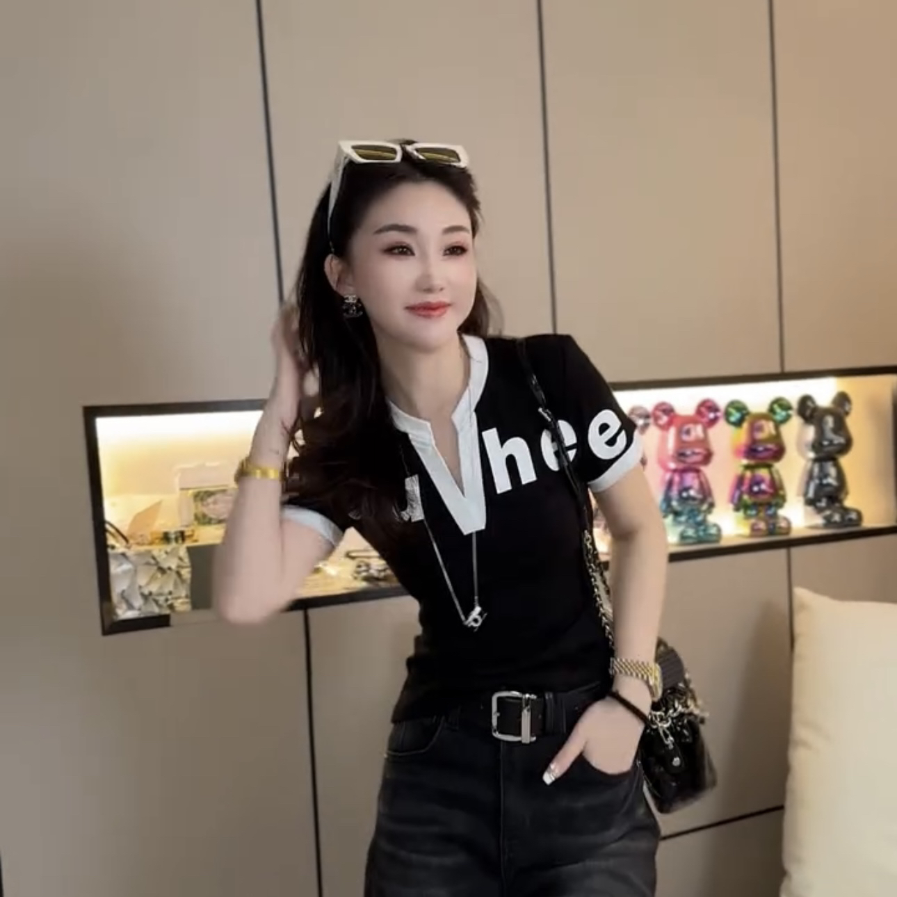 艾T恤修身V领ol休闲洋气字母撞色印花显瘦套装短袖运动风数字