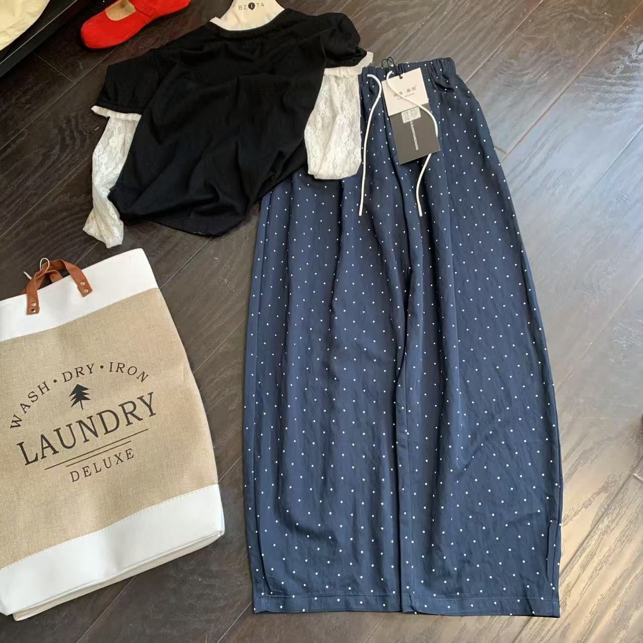 『雨美 Show』1082休闲百搭抽绳波点直筒裤