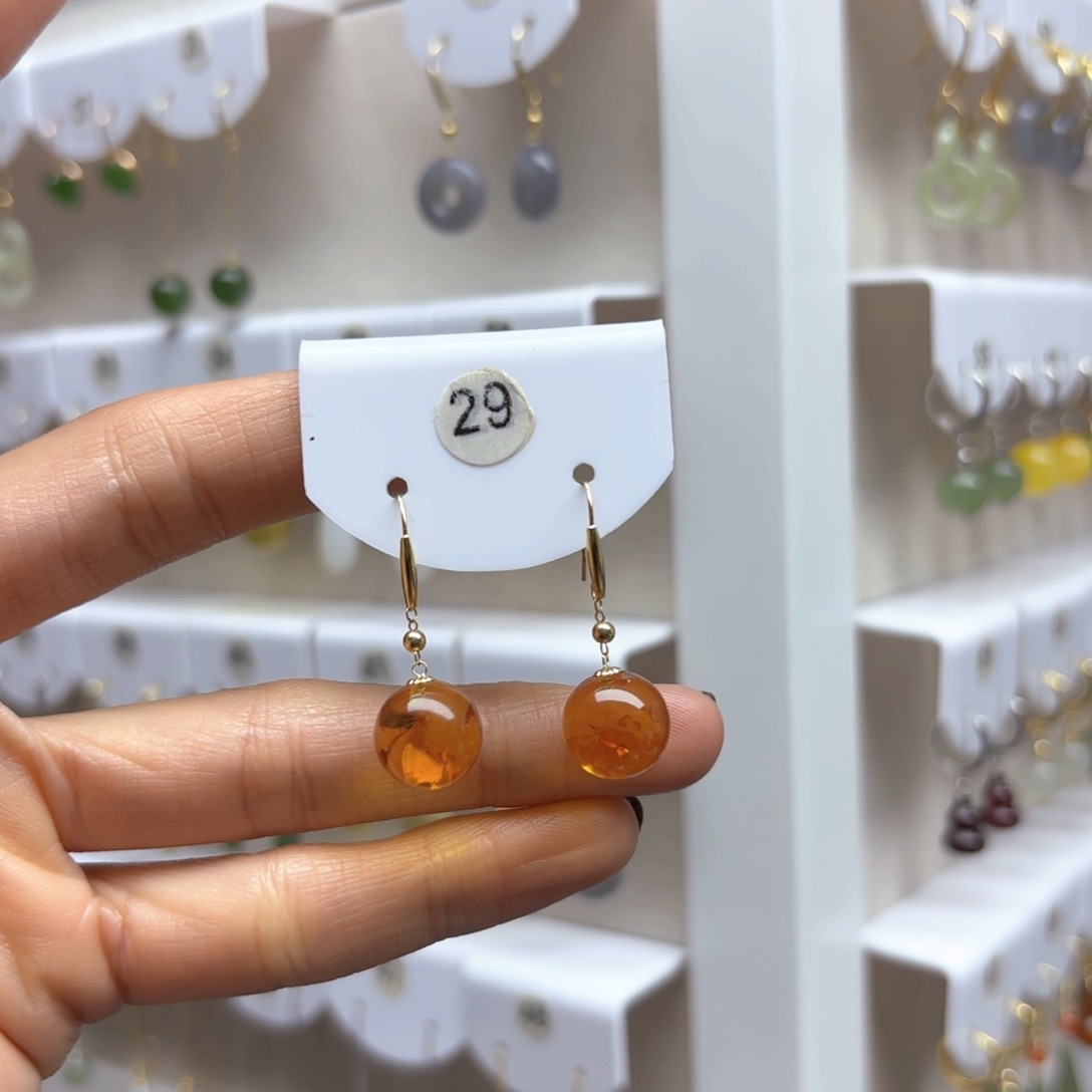 琥珀耳饰18K金镶嵌花珀