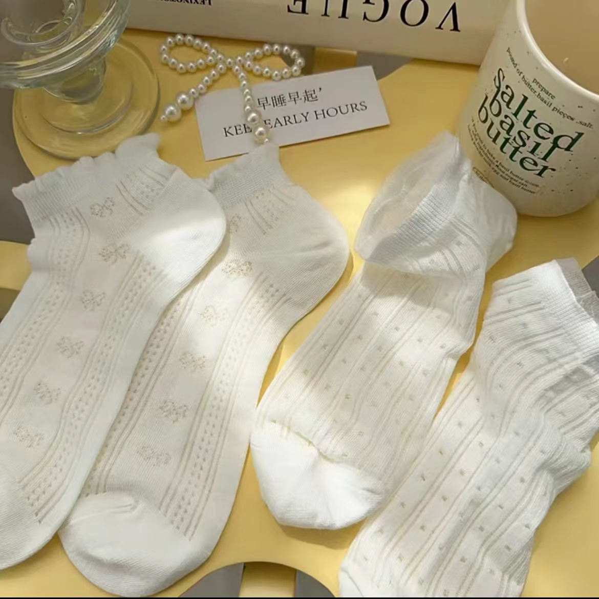 新款白色袜子女短袜透气夏季薄款花边芭蕾风透气网眼夏天短筒短袜