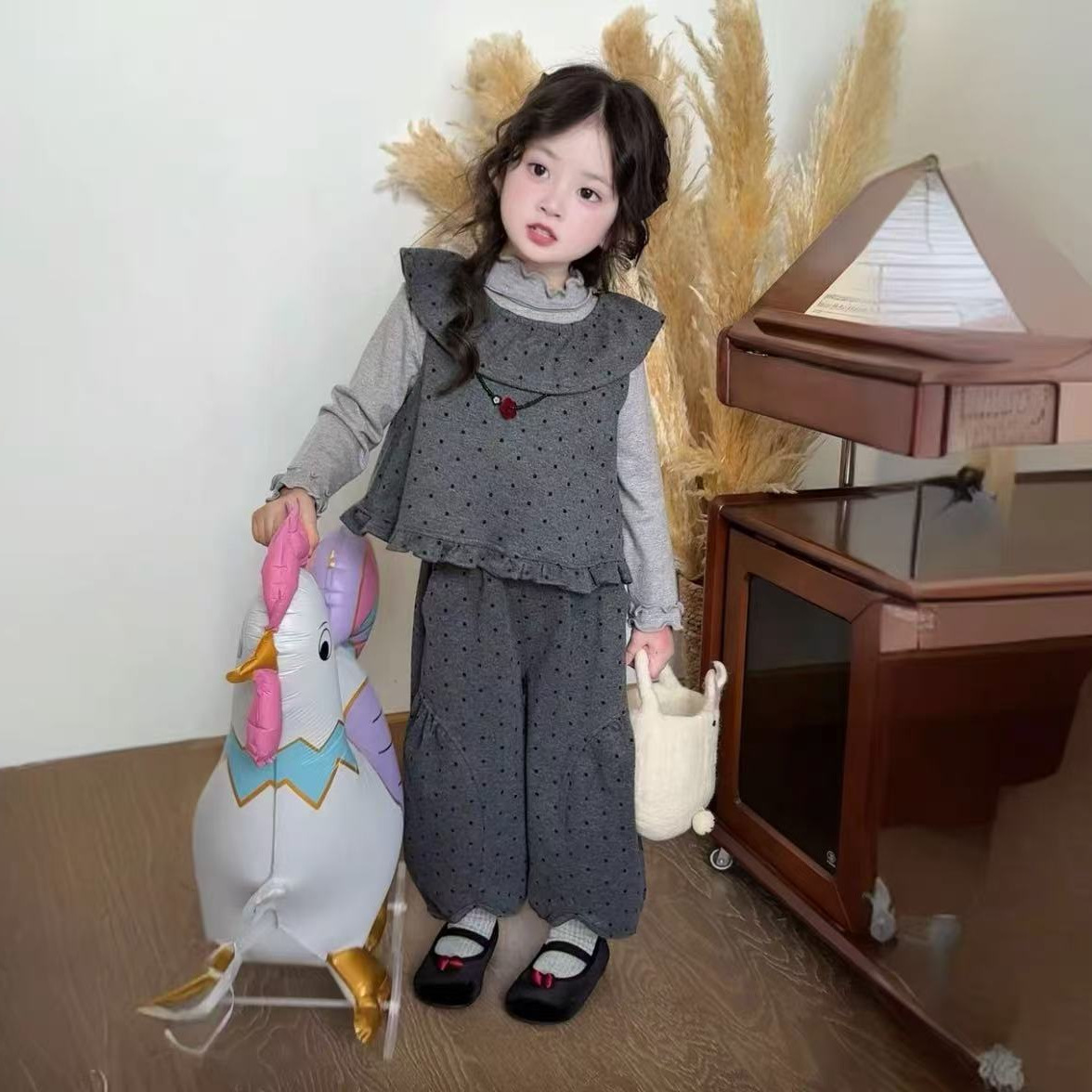 女童韩版套装春秋新款儿童宝宝洋气花边波点马甲阔腿裤三件31003
