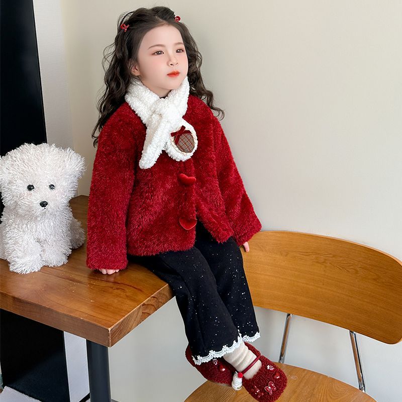 女童红色2026冬季新款洋气儿童冬装加绒小香风宝宝喜庆拜年服加厚
