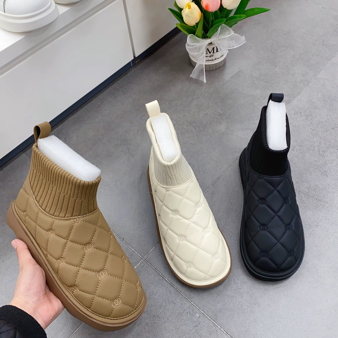 1130-27休闲保暖平跟秋冬冬季厚款圆头菱格棉鞋时尚雪地靴