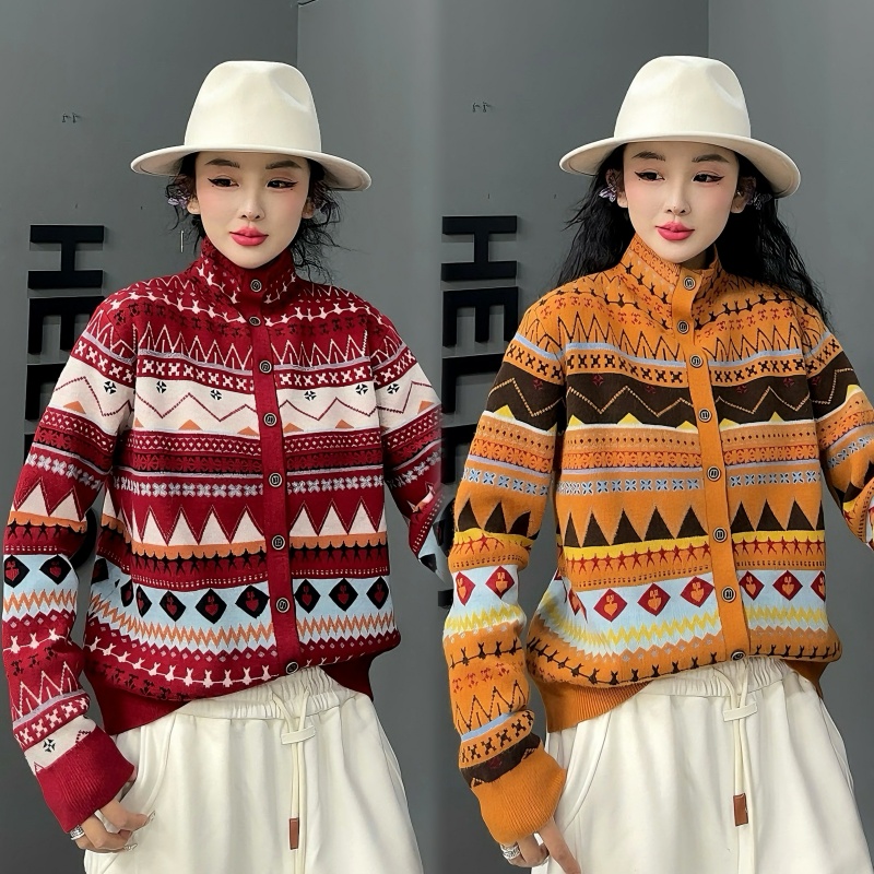 【亿火】冬季新品时尚针织休闲复古拼色气质女毛针织衫-T17-36052