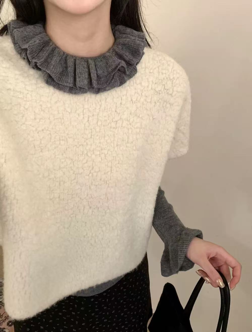 M3522 <杏仁油白> 米色圆领针织短袖马甲女