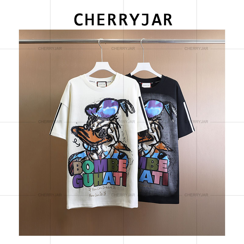 Cherryjar【251126】时尚夏季卡通唐老鸭字母印花短袖袖子三条杠