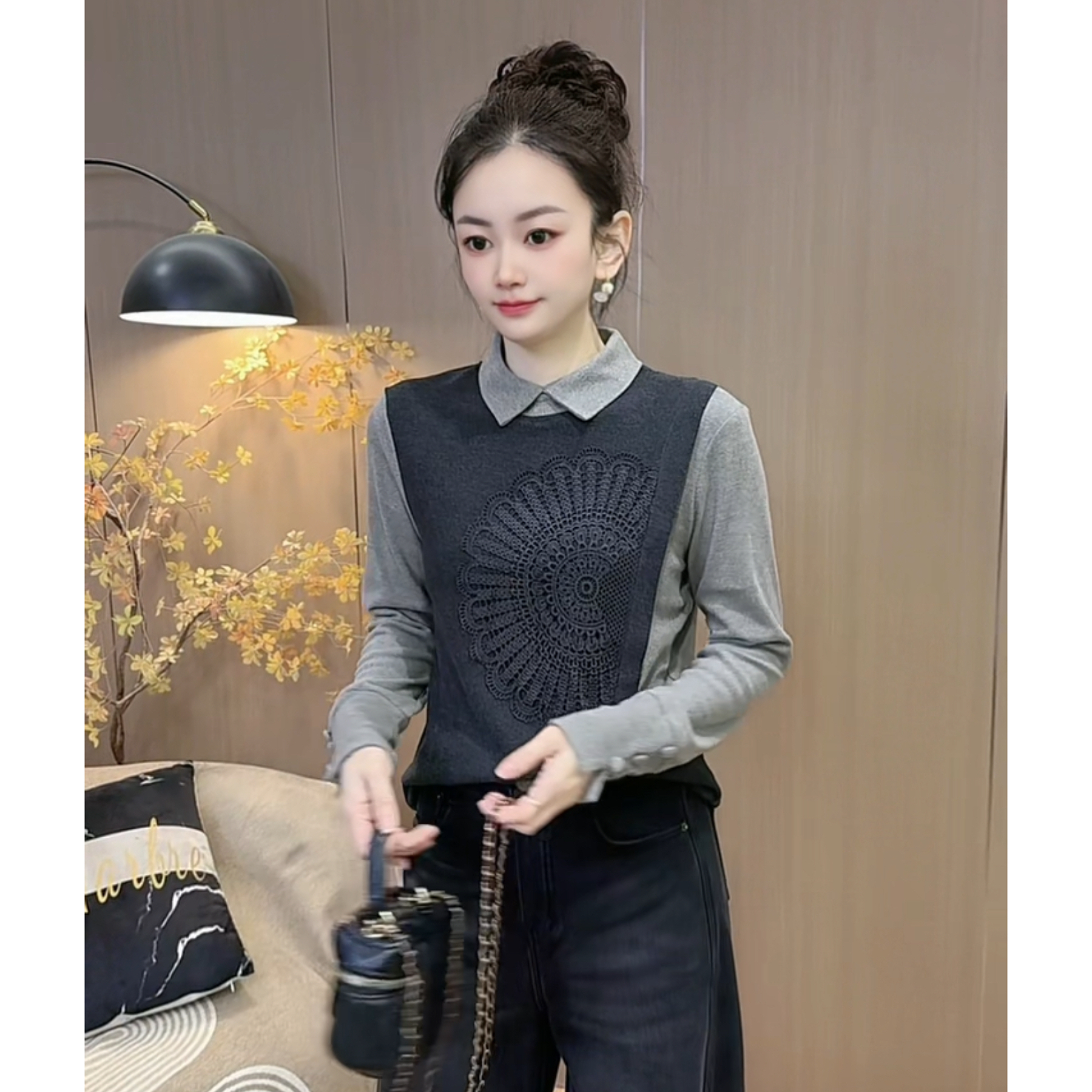 【1223】新品秋冬不规则拼接新中式保暖双面绒衬衣显瘦休闲上衣