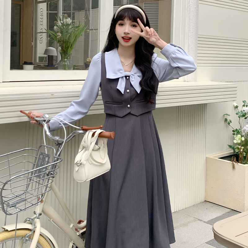 慕兔韩系学院风假三件衬衫马甲长裙套装女2024春装新款一体式套装