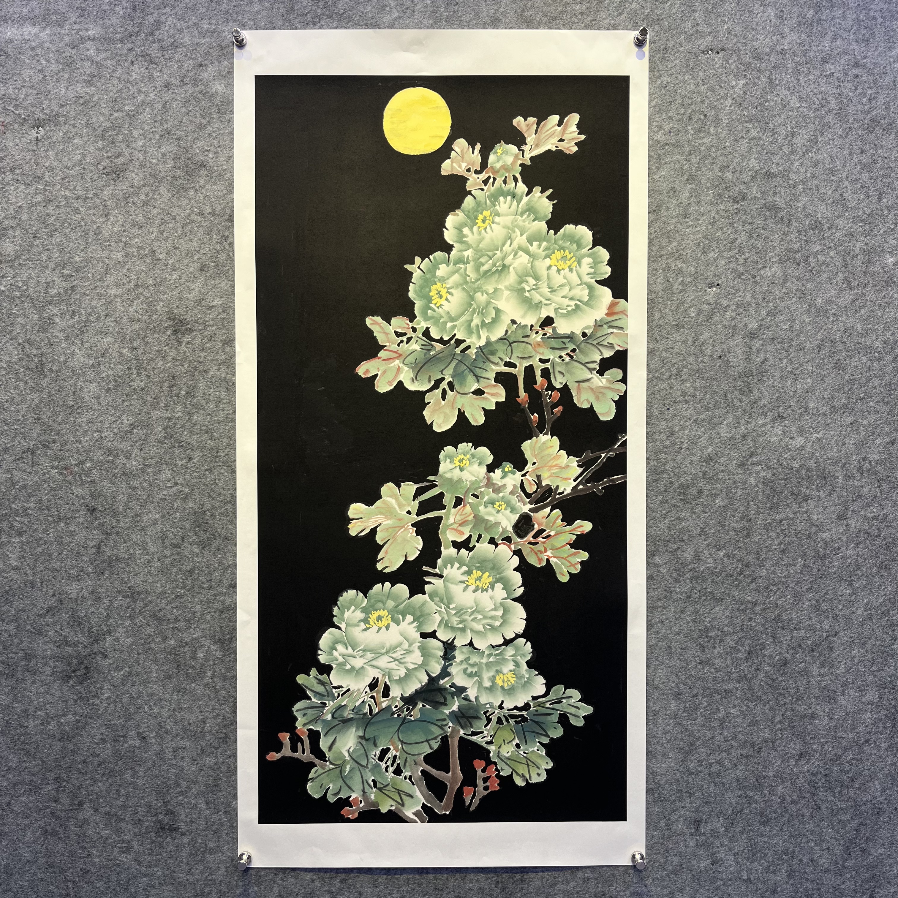 齐振家竖画作亲笔手绘【月色牡丹】75*150cm送龙纹圆筒收藏送礼作品