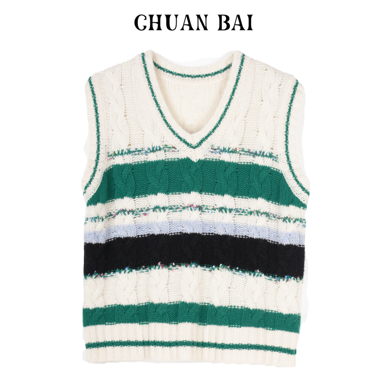 【川白】时髦绞花撞色无袖设计v领针织马甲慵懒宽松-1970