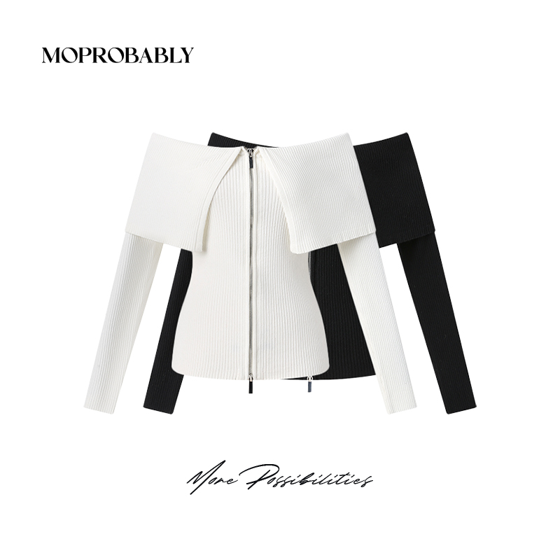 Moprobably李予诺「涧淑」辣妹风一字肩双开拉链针织毛衫L5177004