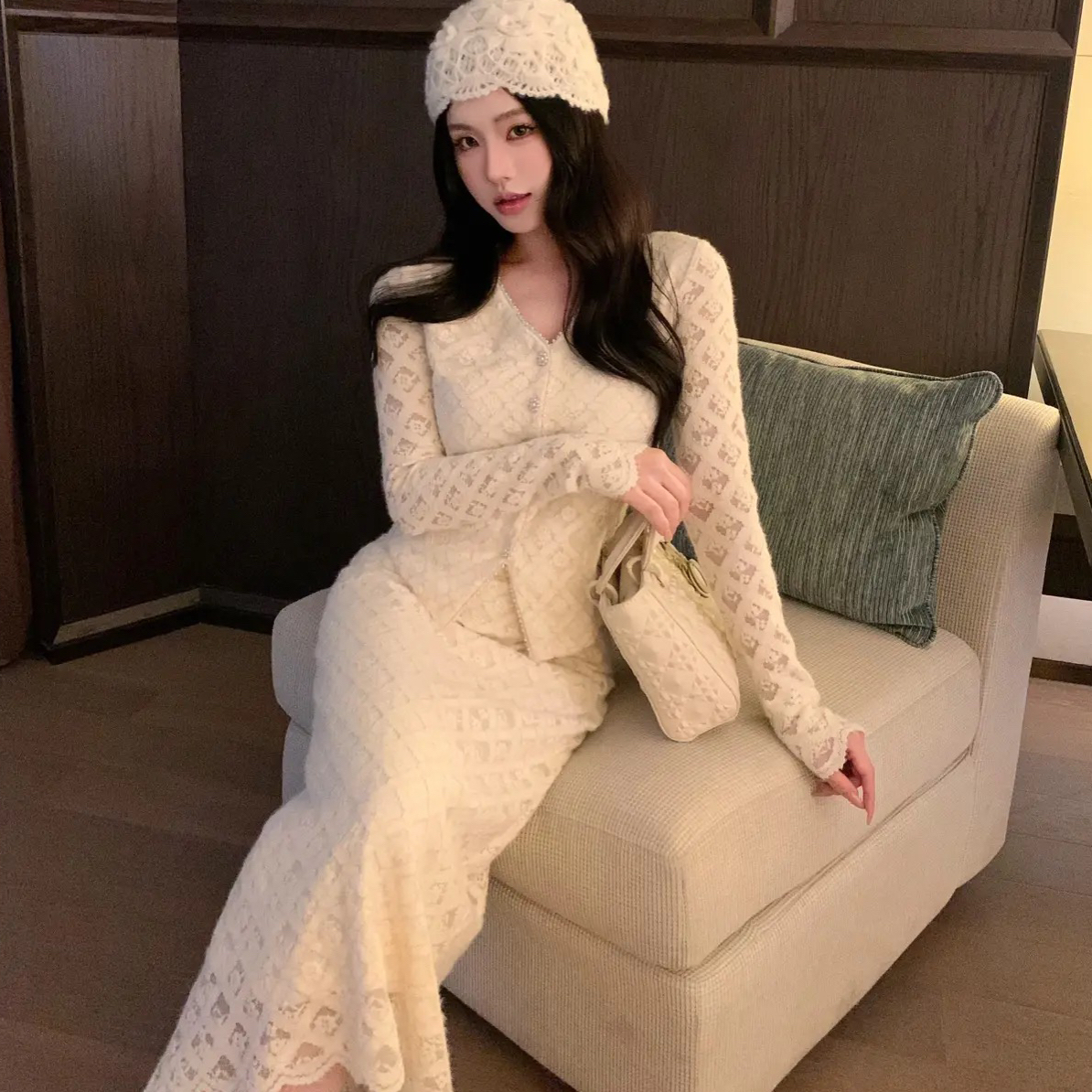 2025新款原创高级菱格法蕾【蕾丝蔓】高奢上衣+半身裙