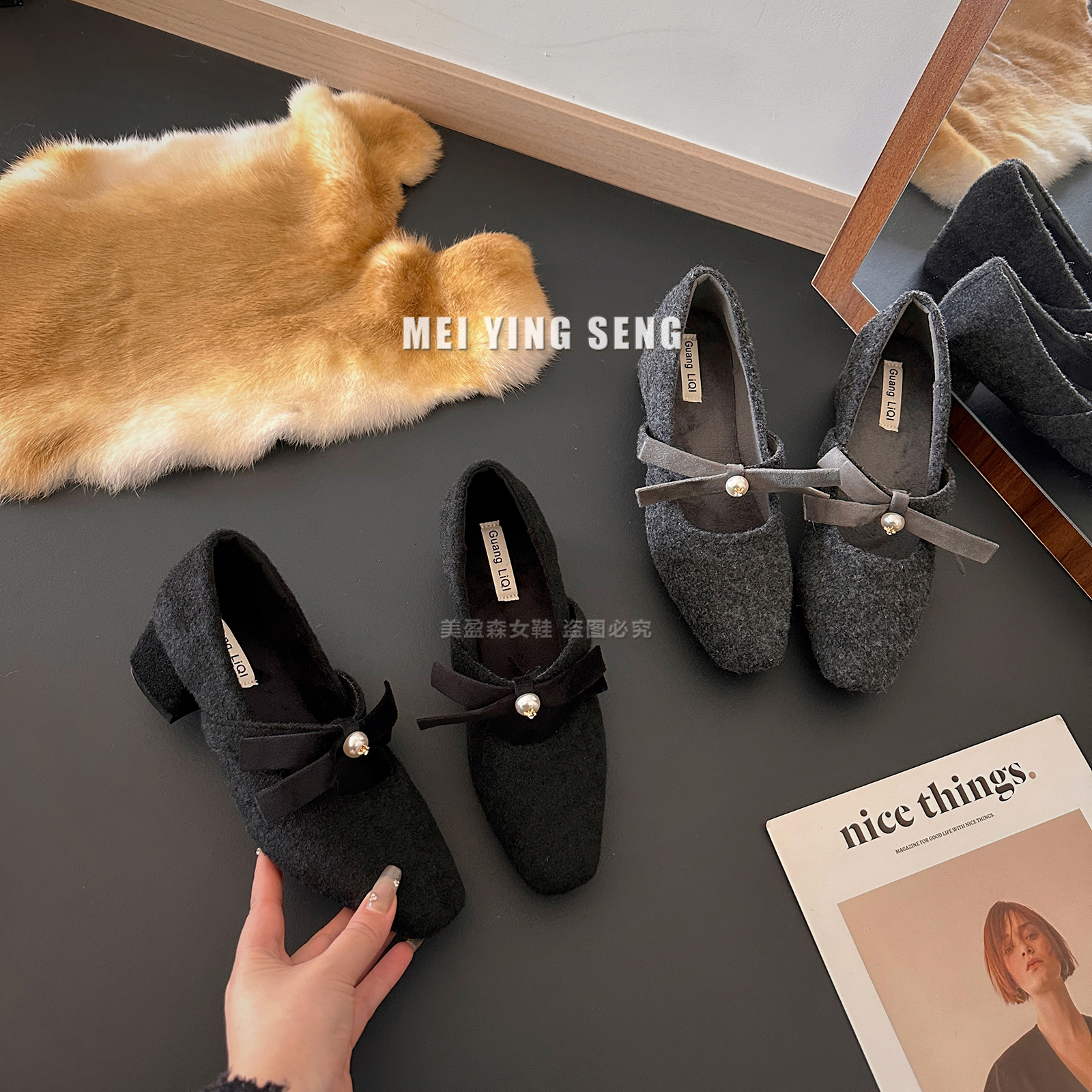 法式绒面中高跟灰色单鞋女鞋子2024秋冬季加绒晚晚鞋玛丽珍毛毛鞋
