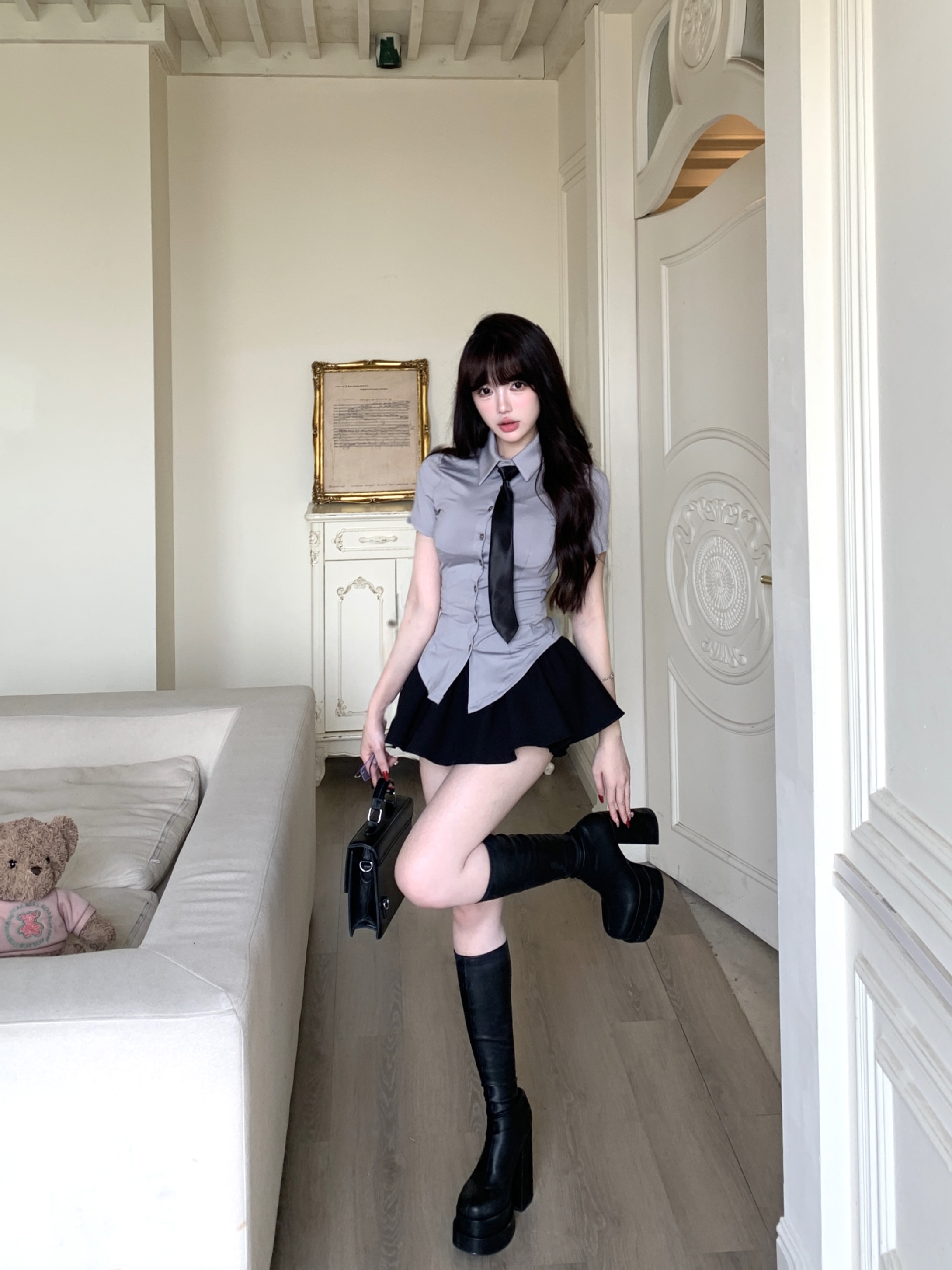 美式学院风JK衬衫短袖女夏季辣妹紧身收腰灰色上衣裤裙两件套装