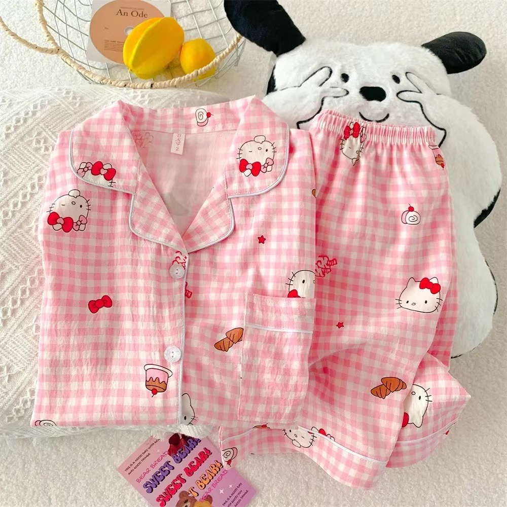 云朵绵短袖短裤格子kitty少女翻领睡衣夏季可外穿家居服套装甜美