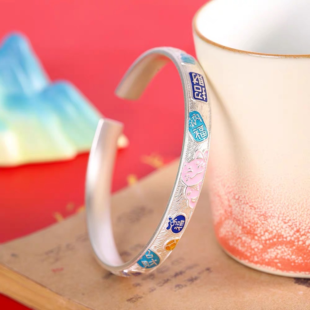 足银珐琅手镯 足银开口珐琅彩吉言招财猫纯银手镯新款民族风百搭