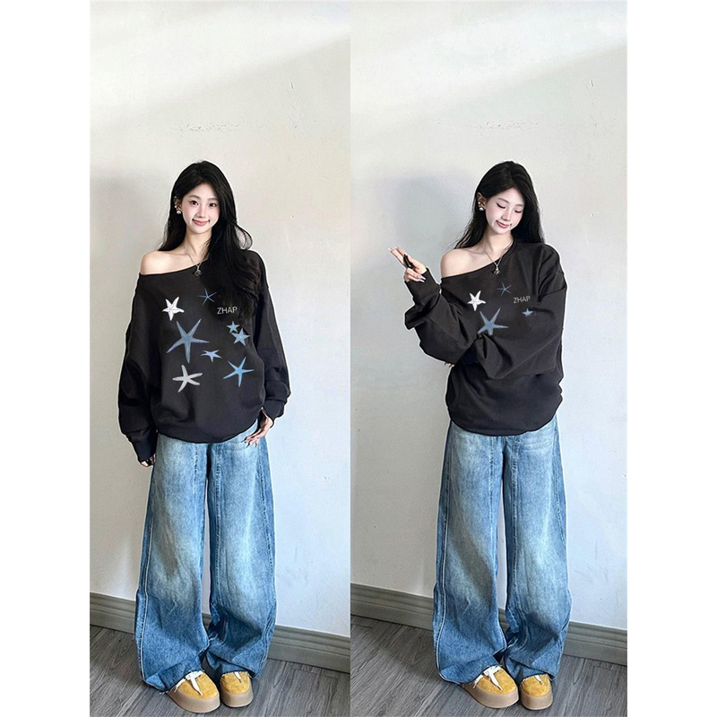 【ZHAP】斜领露肩新款卫衣女秋季新款chic欧美风清新可爱印花百搭轻