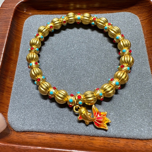 足金999烧蓝5D硬金彩色跑环南瓜珠锦鲤手串