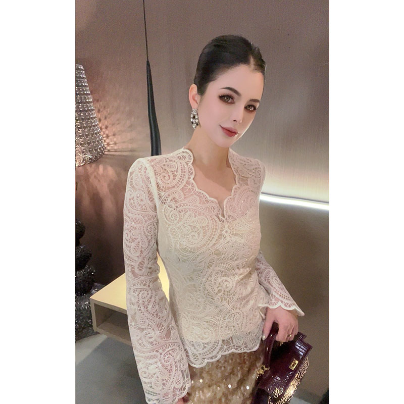 （特价-卡码拍小）V领亮片蕾丝喇叭袖假两件衬衫CS30413