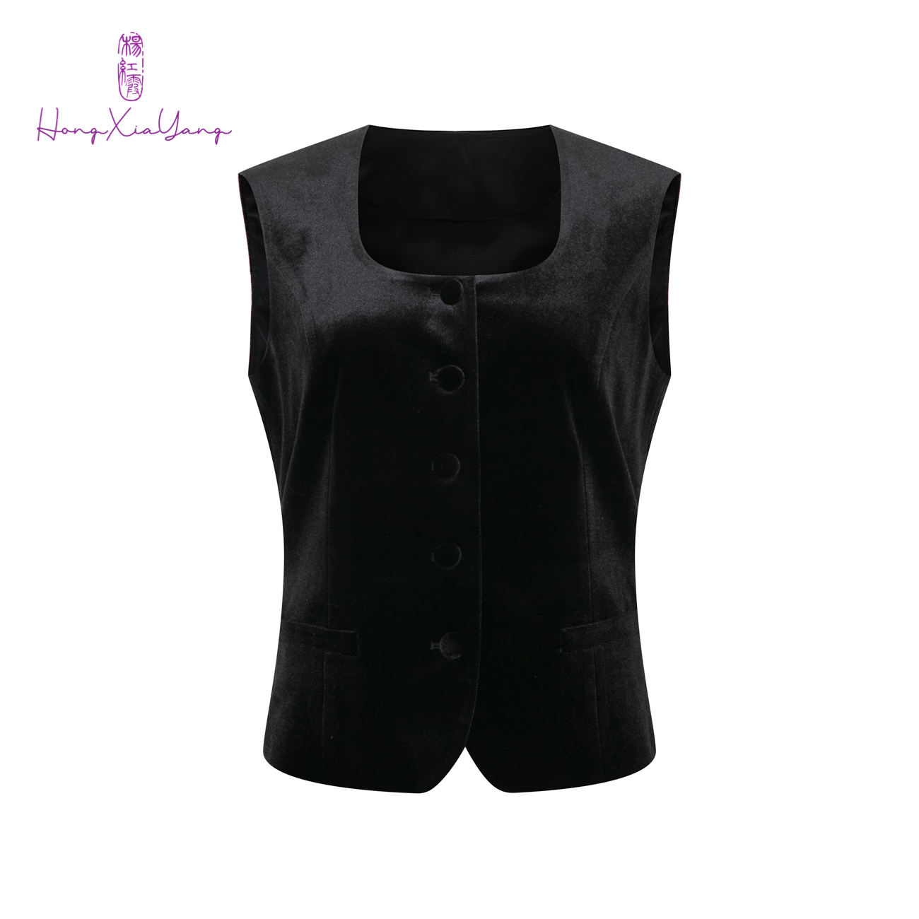 EDFNOT/杨红霞汝意HY黑色方领丝绒马甲HY25611