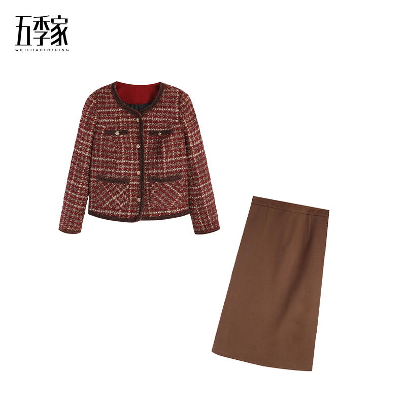 【五季家大码】冬季时尚减龄咖拼红羽绒上衣+咖色裙子套装ZL113240