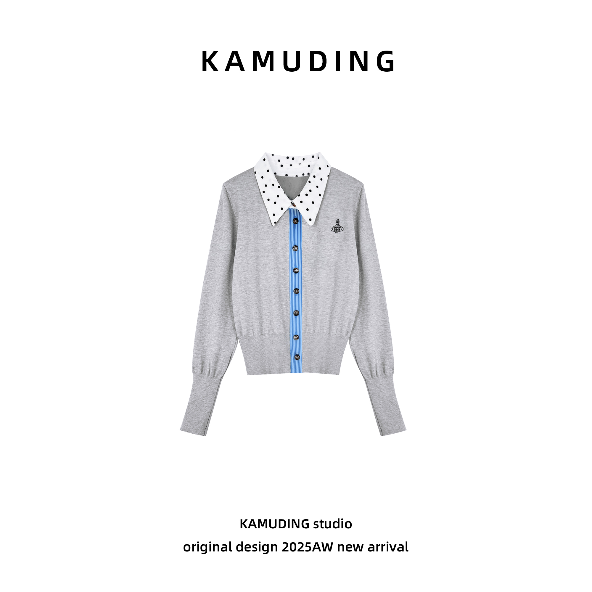 KAMUDING2025新款A18波点翻领拼接撞色设计感显瘦针织开衫25293