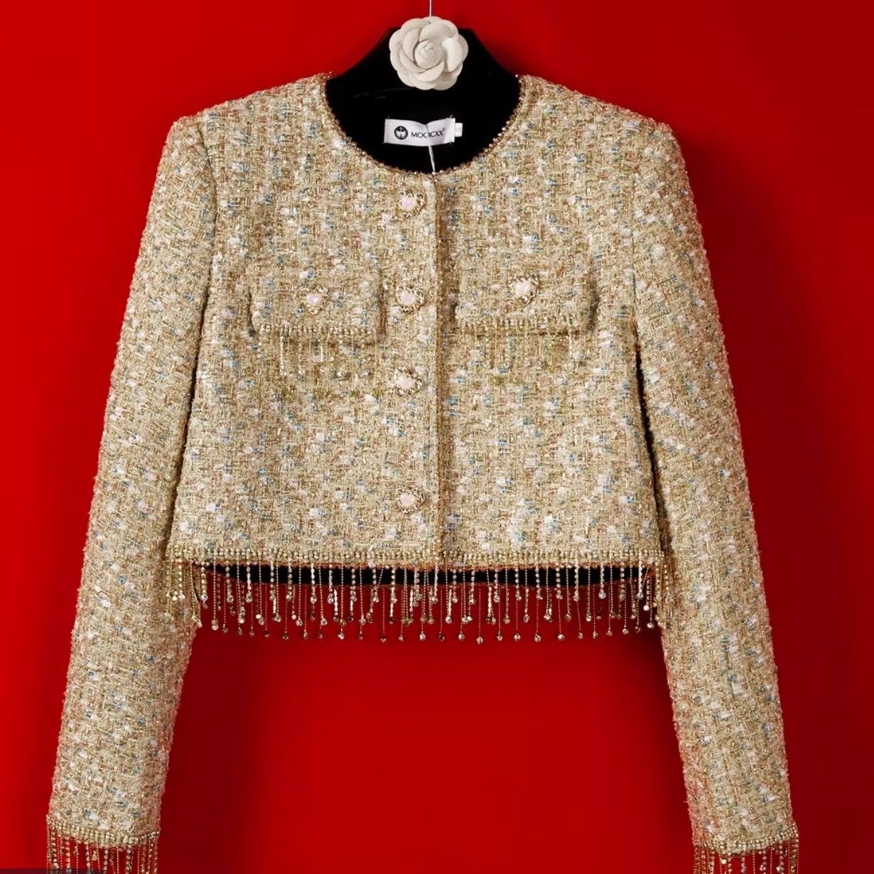 充绒内胆2025冬季新款小香风高定亮丝重工钉珠边吊片加厚短外套女