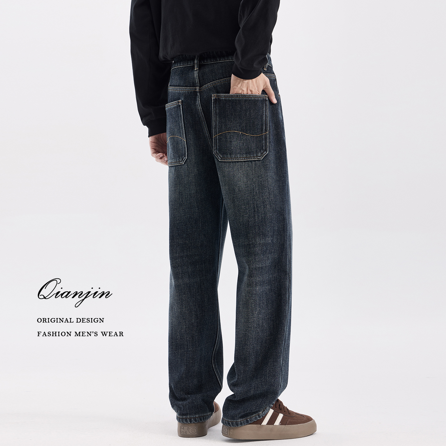 2025冬季重磅复古合奥粒绒牛仔裤男士宽松直筒加绒加厚保暖长裤子