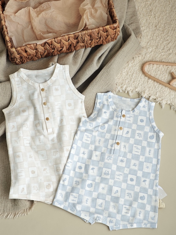 竹节棉夏季短爬连体衣舒适睡衣家居服无袖护肚纯棉婴儿儿童婴儿