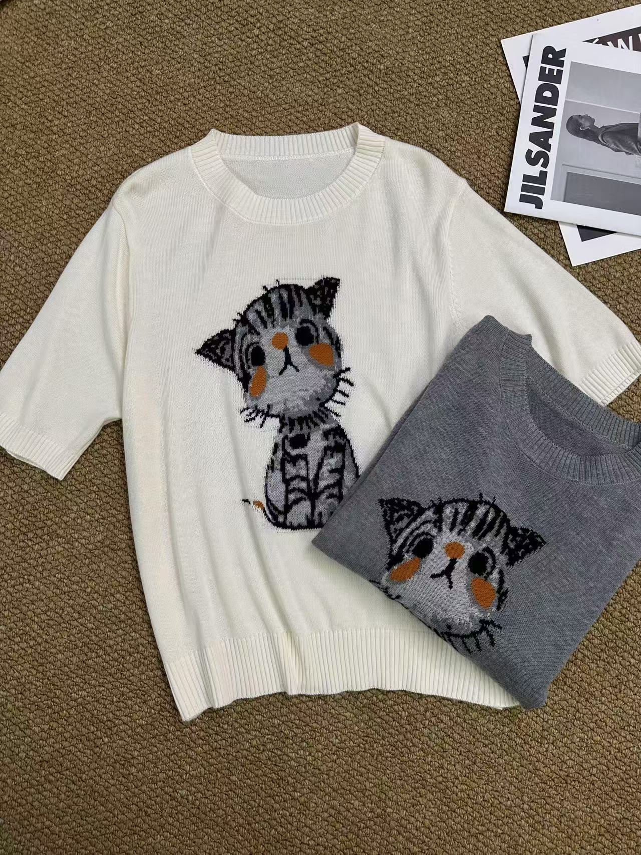 深圳南油白桃美美 猫咪圆领针织衫时尚休闲新款短袖卡通上衣A2826