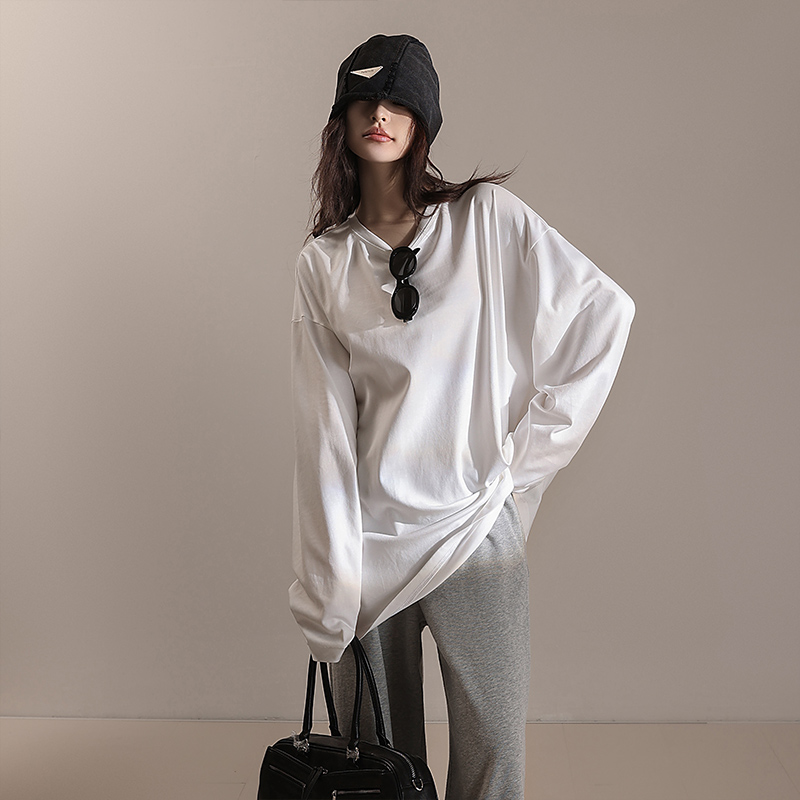 春夏圆领套头长袖宽松大T恤纯色白黄纯棉休闲外穿打底上衣MD5141