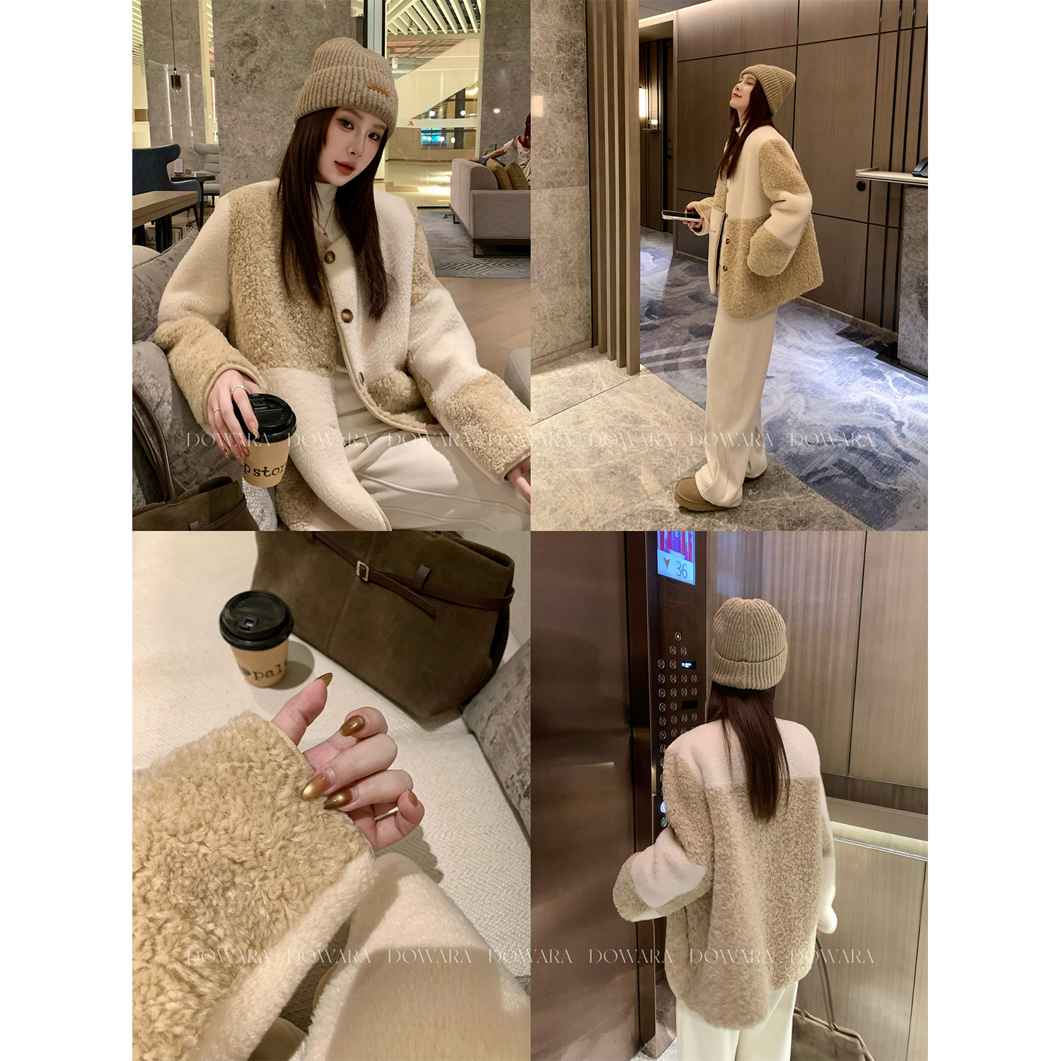 现货大婉酱微胖定制【肆月鸢歌】韩系气质拼色冬毛毛一体外套9796D