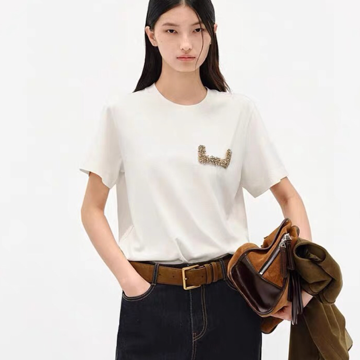 MO~新品全手工络花钻饰圆领宽松T