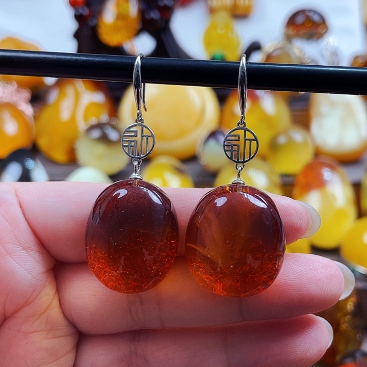 琥珀颈饰银S925镶嵌耳环