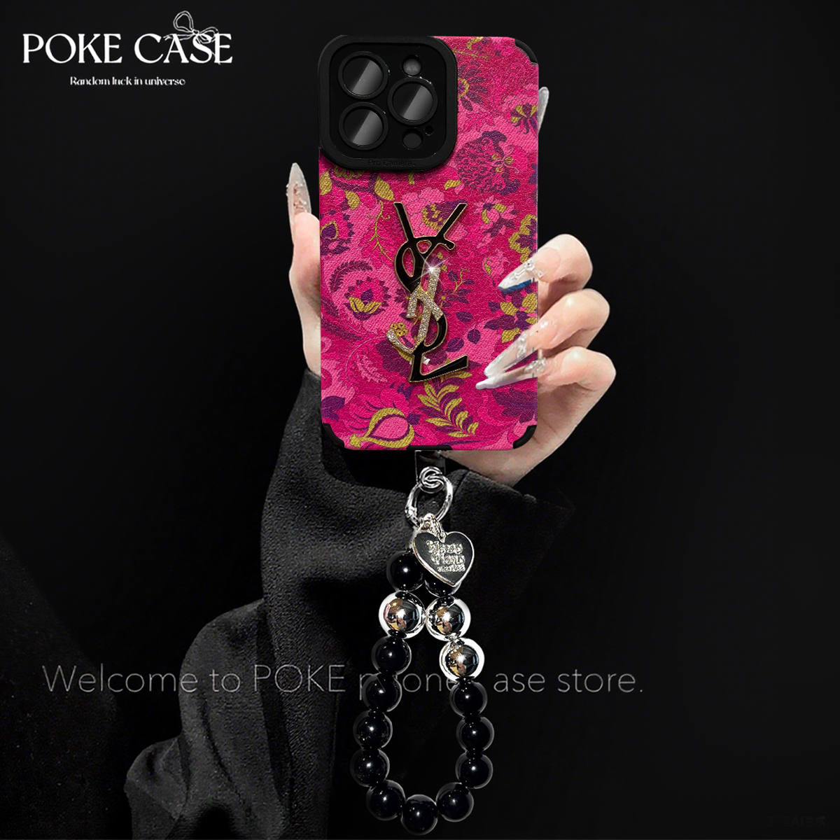 轻奢瞳眼玫红繁花适用于苹果17金属标华为vivo小米oppo手链手机壳