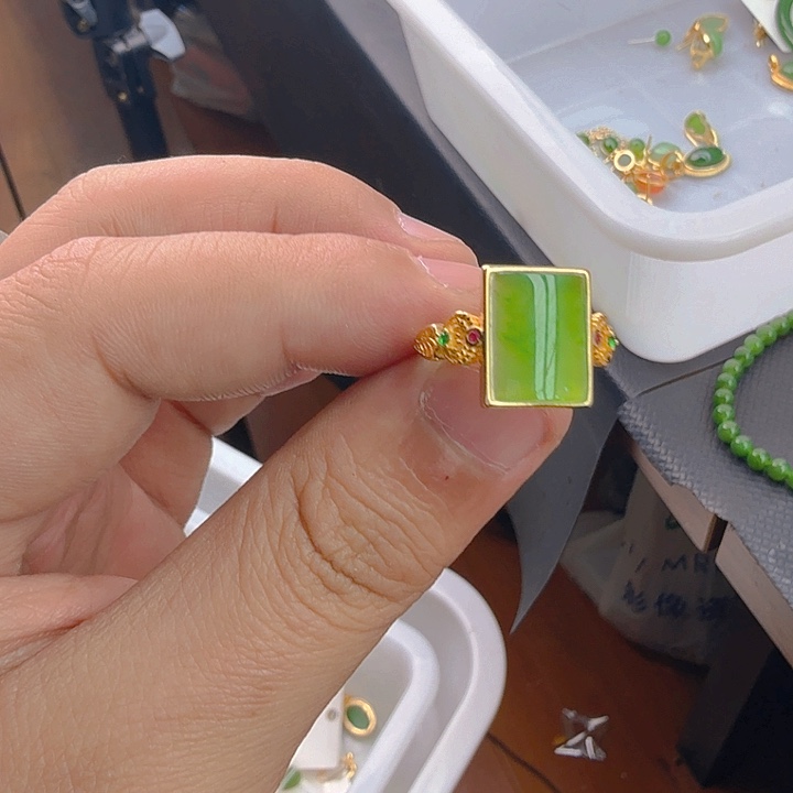 和田玉（碧玉）戒指银S925镀金镶嵌