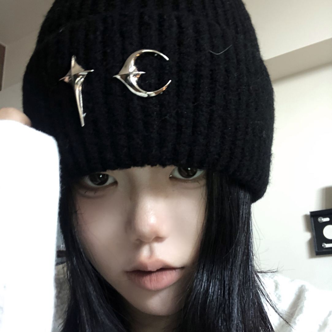 韩版金属星月logo针织毛线冷帽秋冬男女保暖显脸小百搭