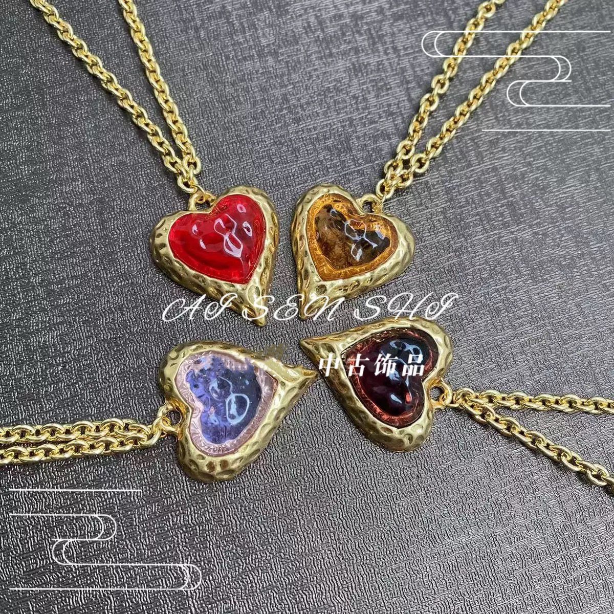铜合金项链 中古熔岩琉璃简约清新透色爱心桃心心形吊坠项链