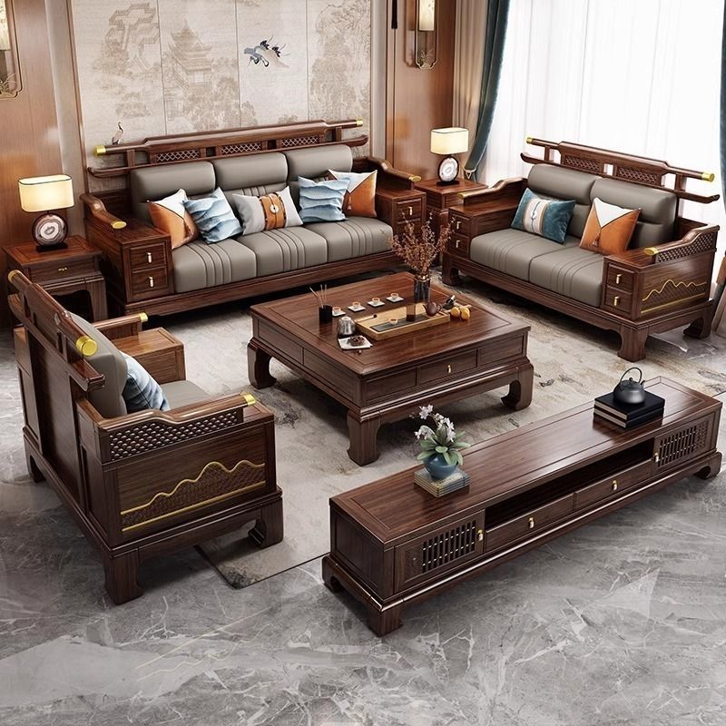 高档中式实木沙发组合冬夏两用小户型官帽客厅现代简约雕花木家具