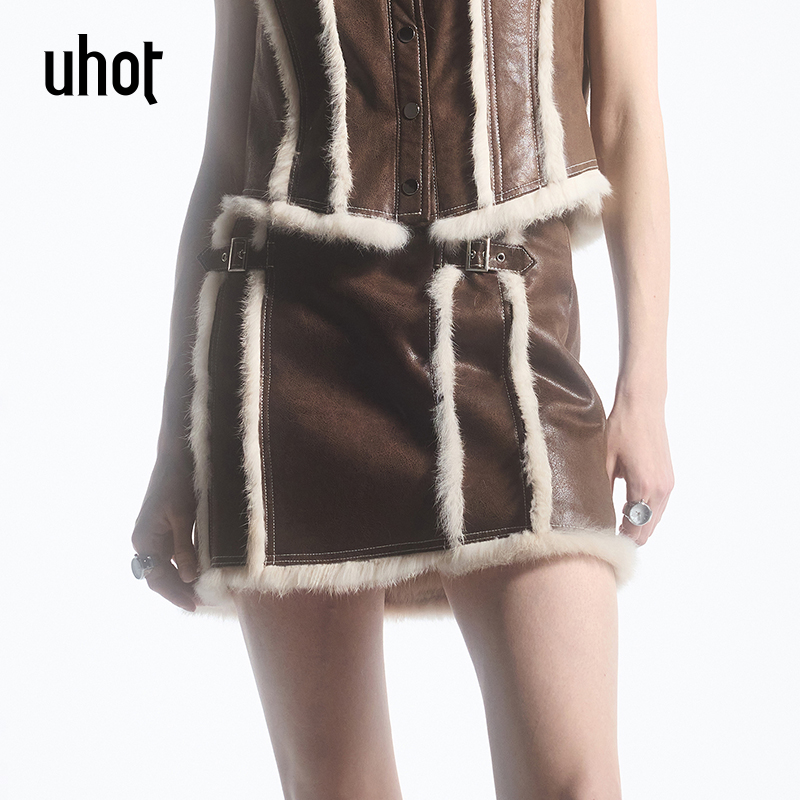 UHOT 气质轻奢时尚女士保暖拼接冬季皮毛一体短半裙UWFW6Q378
