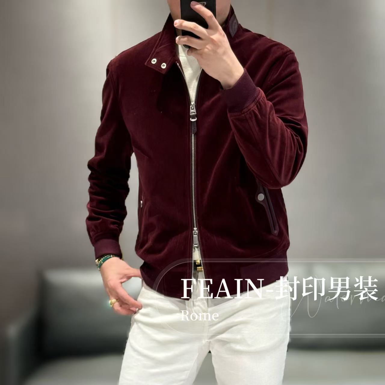 【英皇古琦】T*F方向绵羊皮拼接超细斜纹灯芯条立领夹克6659