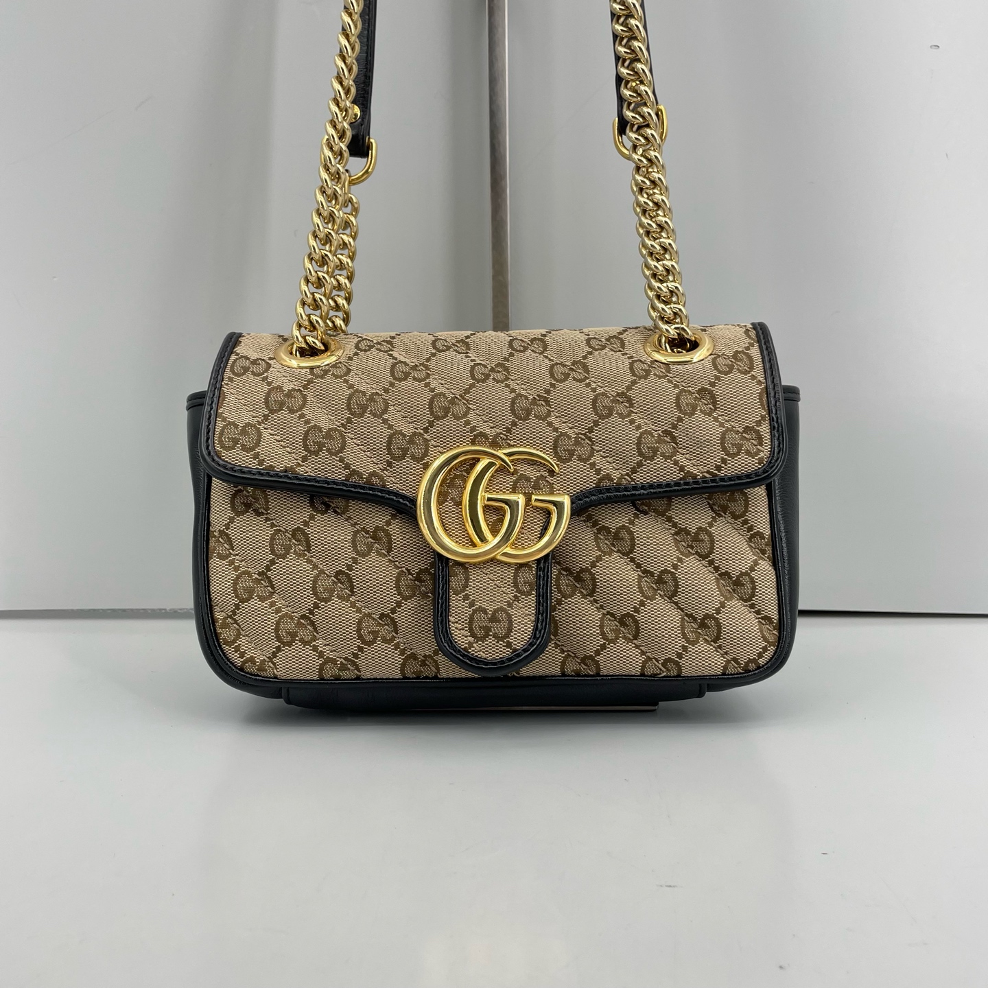 95新 GUCCI/古驰 优选/马蒙22黑拼帆布老花链条包黑标031/22×14×6