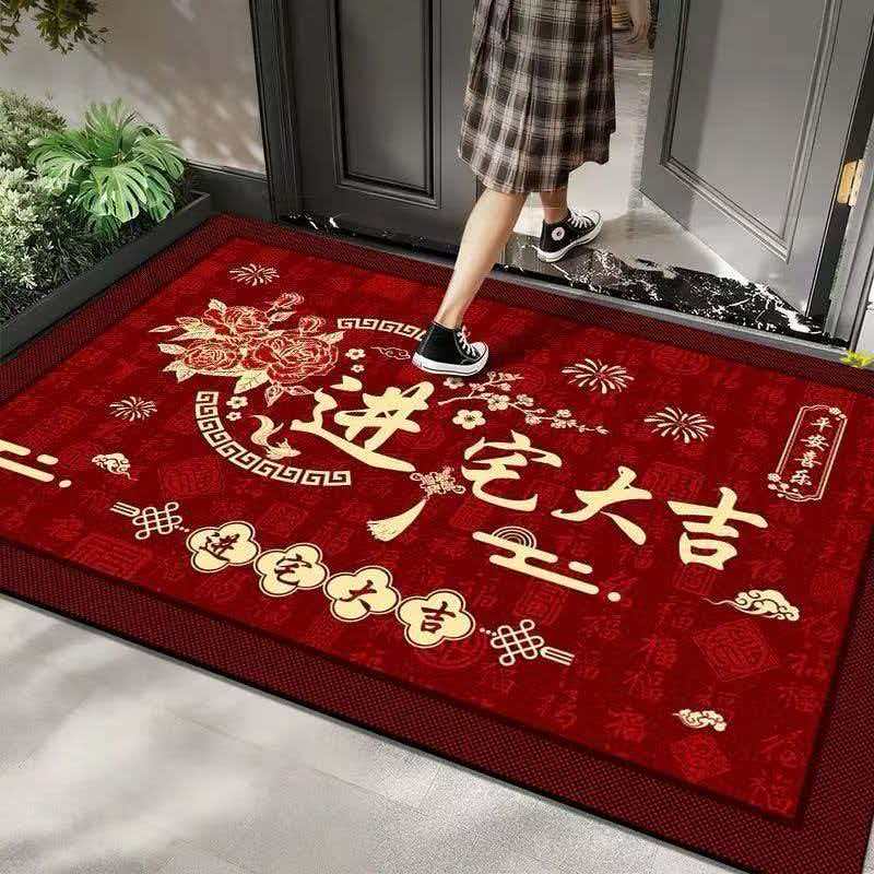 红色喜庆硅藻泥入户门地垫防滑耐脏吸水家用玄关地毯