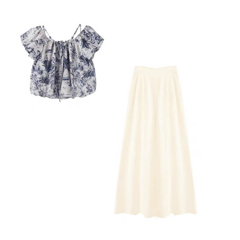 （女装）2586 时尚法式气质一字肩碎花上衣搭配高腰阔腿裤两件套装