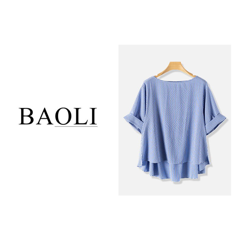 日系文艺格子短袖衬衫2023夏季宽松显瘦圆领上衣小衫LXB1536