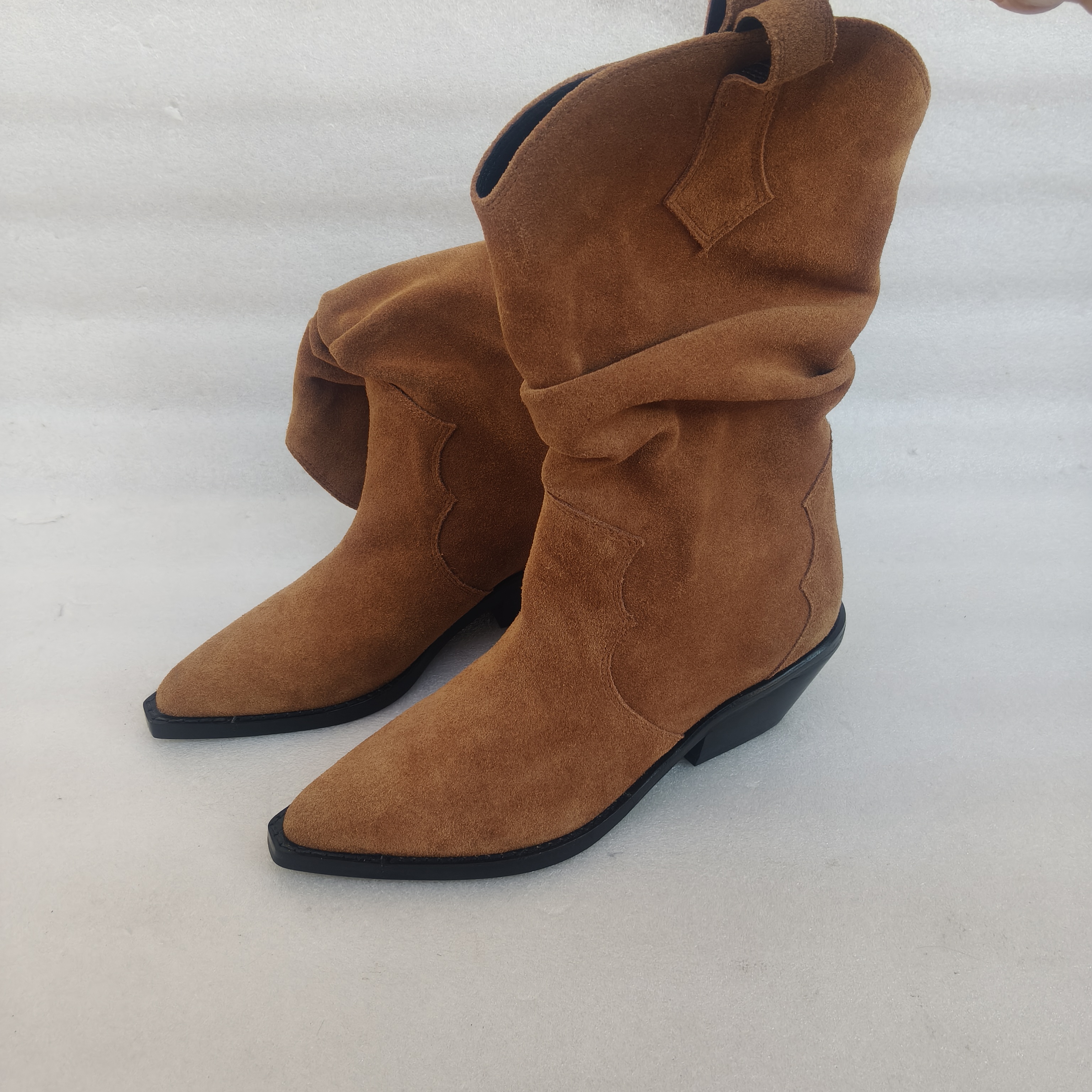 新款里外全皮胶粘套筒女平跟尖头堆堆靴粗跟短靴秋冬时尚女靴筒靴