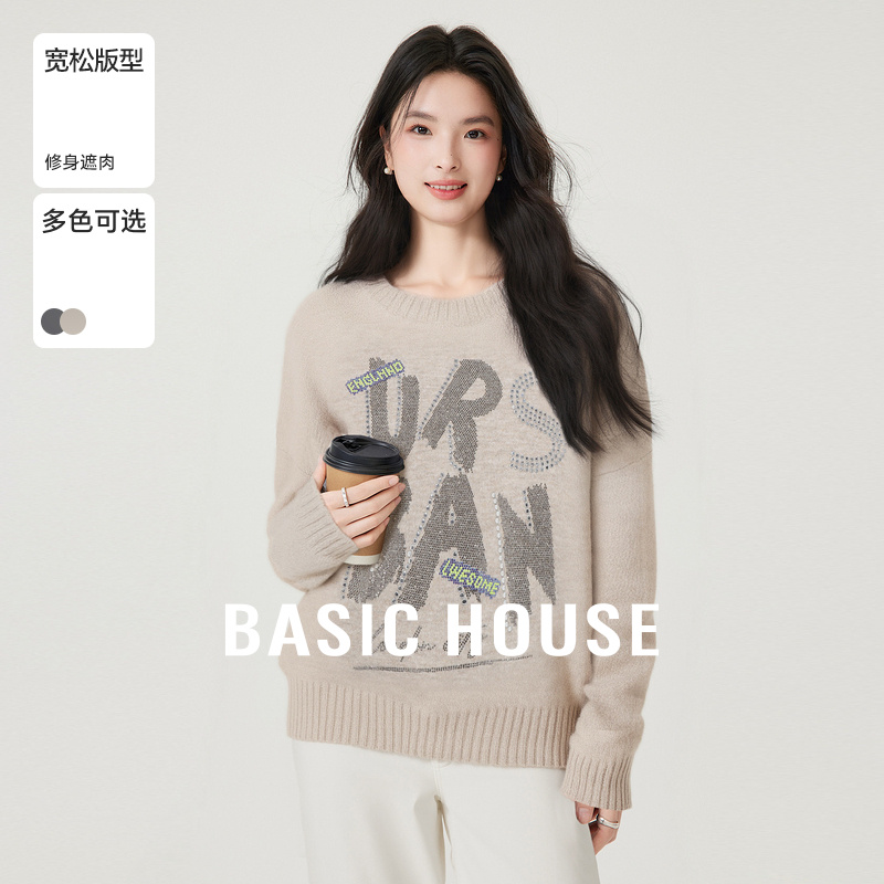 Basic House/百家好高级感字母烫钻毛衣女士新款圆领软糯套头上衣