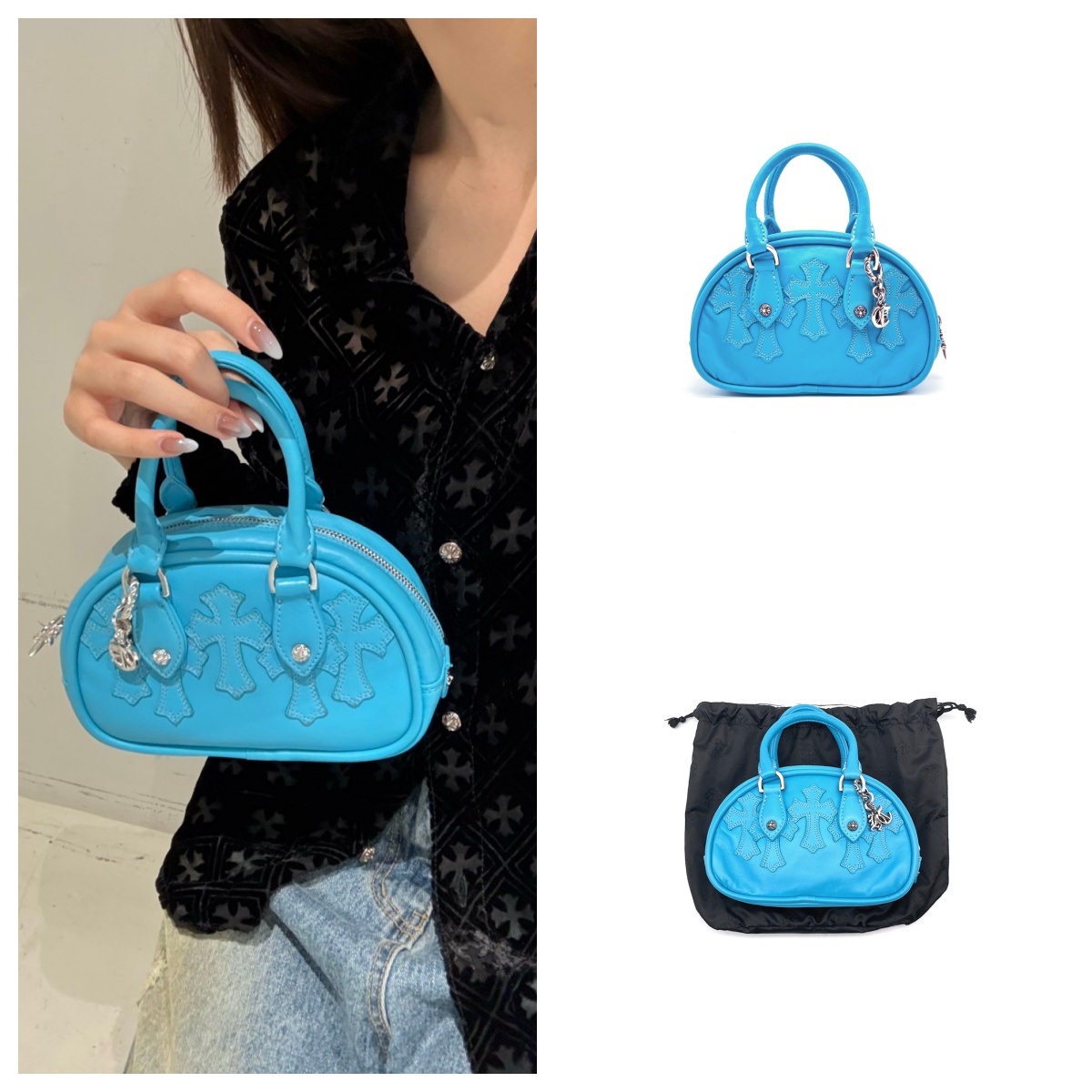 Chrome Hearts 克罗心 十字贴皮mini保龄球包 蓝色