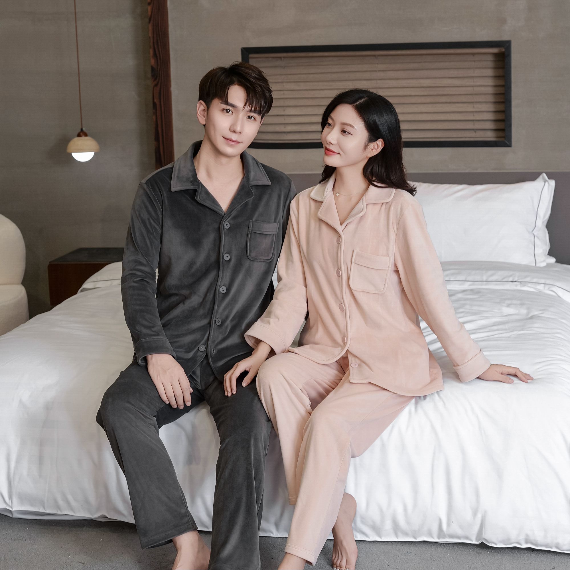 皮尔卡丹保暖厚款冬季翻领睡衣家居服套装家居服加厚宽松加绒